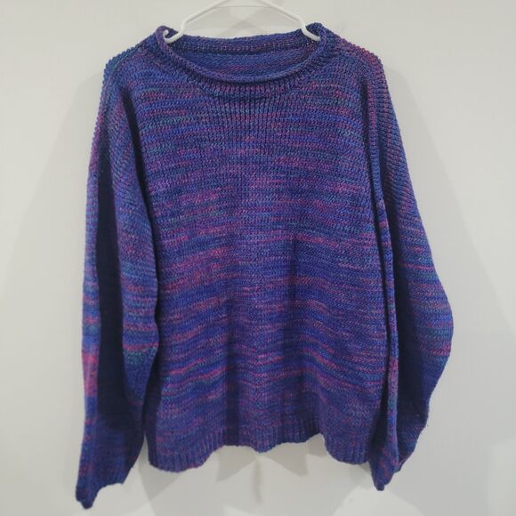 Hand Knit Womens Sweater Size 2X Colorful Knit Purple Cozy Handmade - Picture 1 of 6